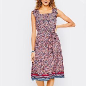 Talbots Majestic Medallion Floral Ruffle Cap Sleeve Tie Waist Pinafore Dress